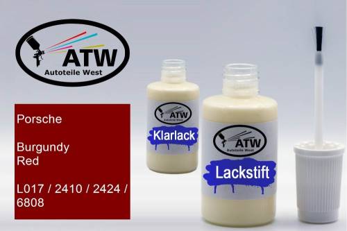 Porsche, Burgundy Red, L017 / 2410 / 2424 / 6808: 20ml Lackstift + 20ml Klarlack - Set, von ATW Autoteile West.